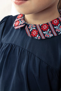 Cross stitch embroidered collar dress - Navy