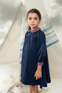 Cross stitch embroidered collar dress - Navy