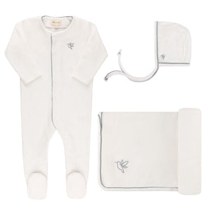 Velour embroidered bird layette set - Ivory