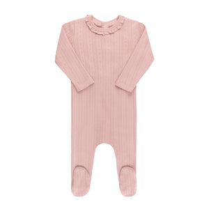 Lace trim pointelle footie and bonnet - Pink