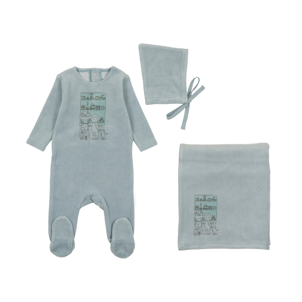 Velour window layette set - Dusty blue