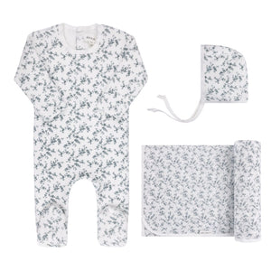 Velour vine pattern layette set - Blue on ivory