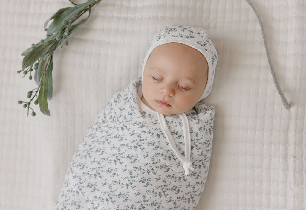 Velour vine pattern layette set - Blue on ivory