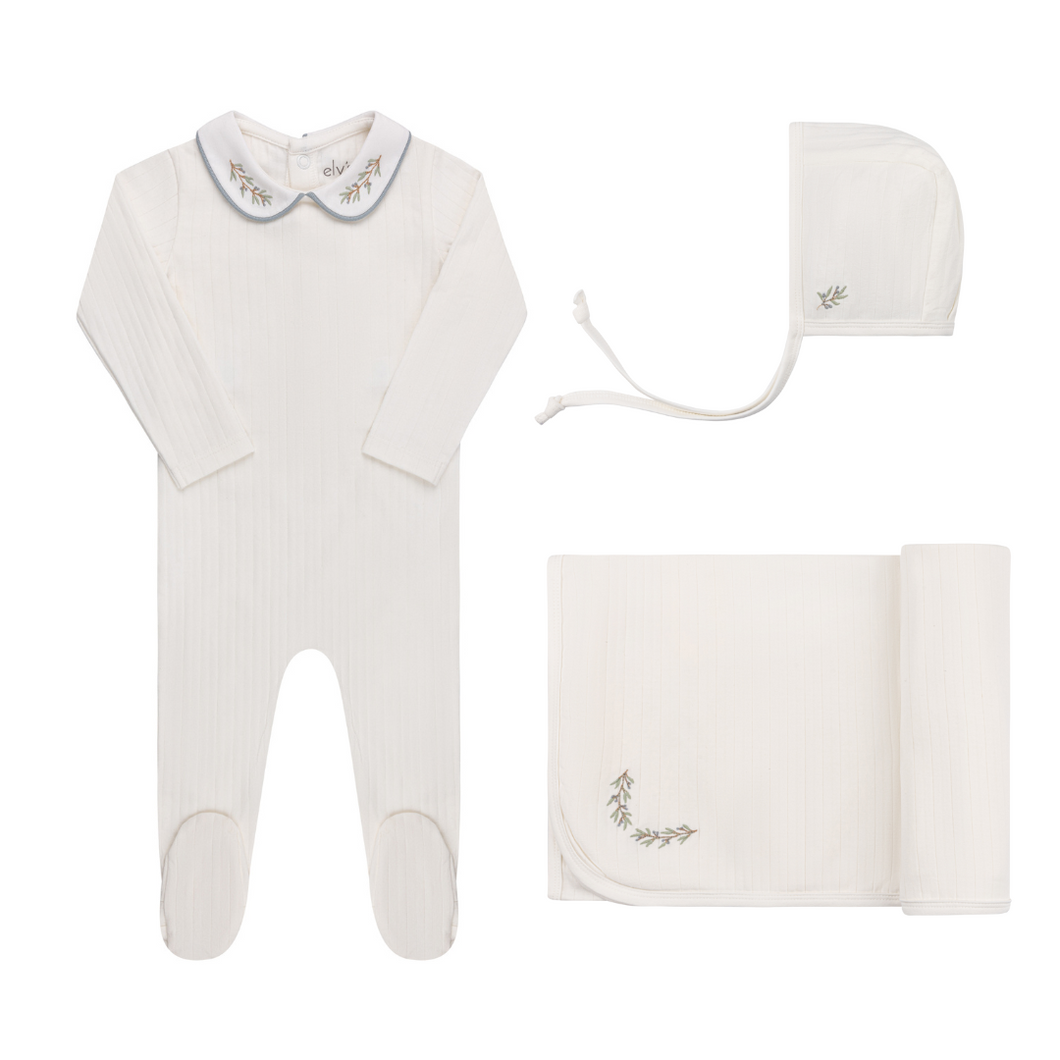 Organic cotton wide rib embroidered layette set - Ivory/blue