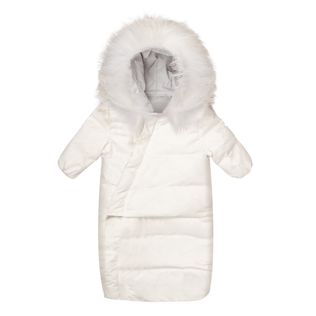 Winter white diagnal zipper baby coat with foot sack