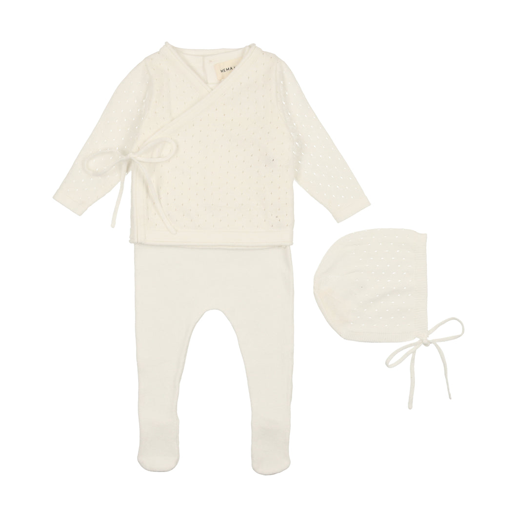 Knit pointelle wrap 2 pc set and bonnet - Winter white