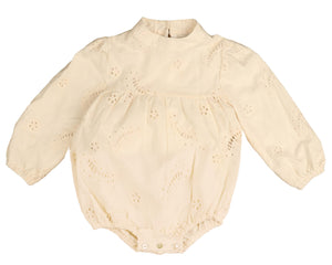 Eyelet baby romper with neck ribbon - Cream