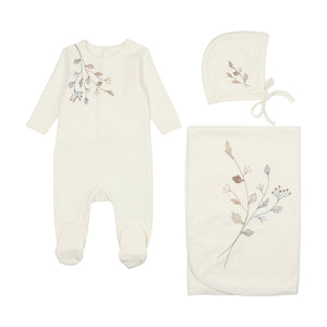 Budding blossoms boys layette set - Ivory and blue