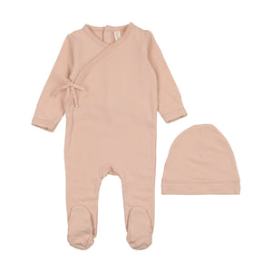 Brushed cotton wrapover footie and hat - Pale pink