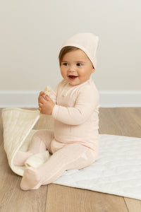 Pointelle carriage footie and beanie - Blossom pink