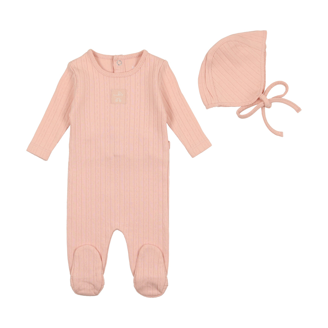 Classic pointelle footie with bonnet - Dusty pink