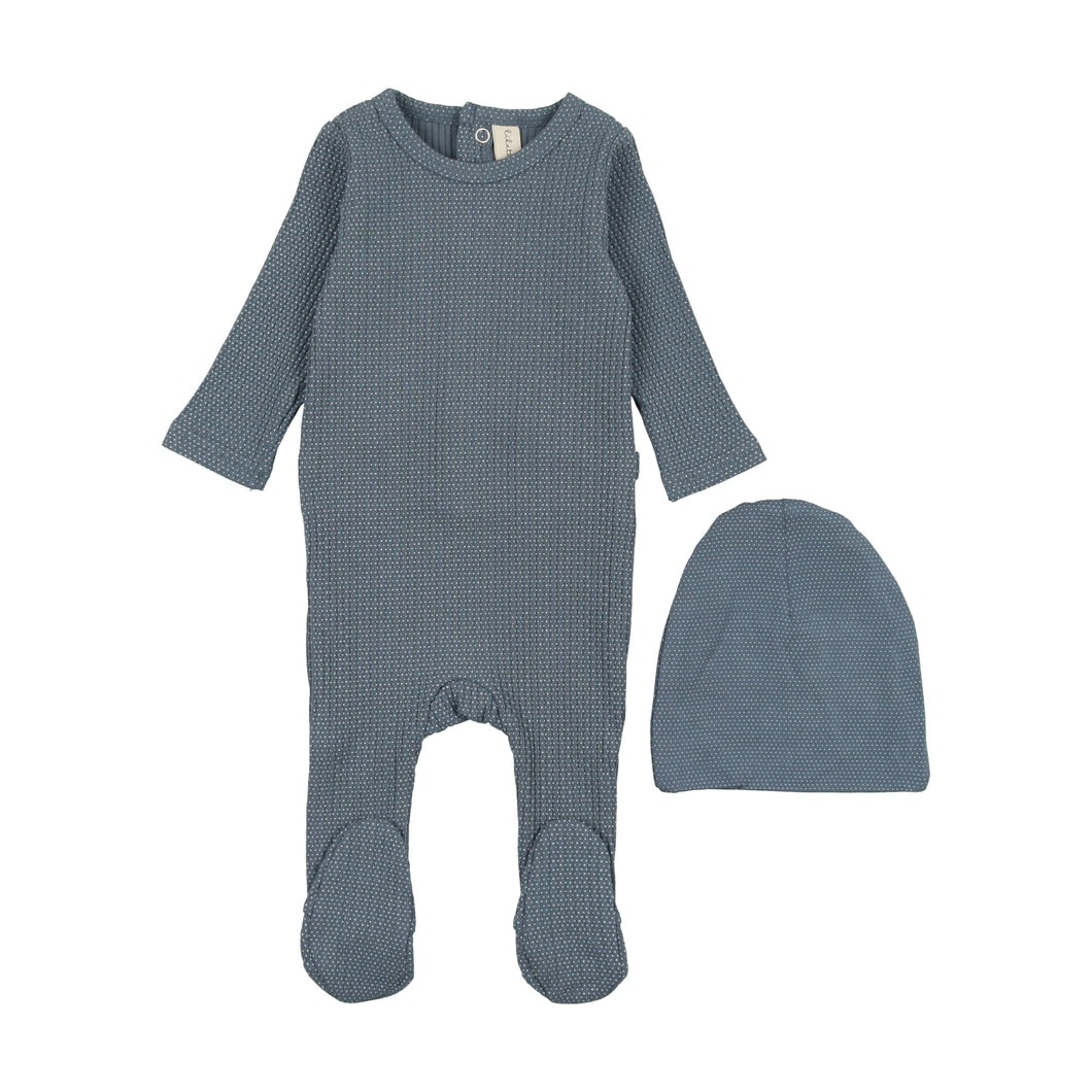 Dotted rib footie and beanie - Blue/ivory