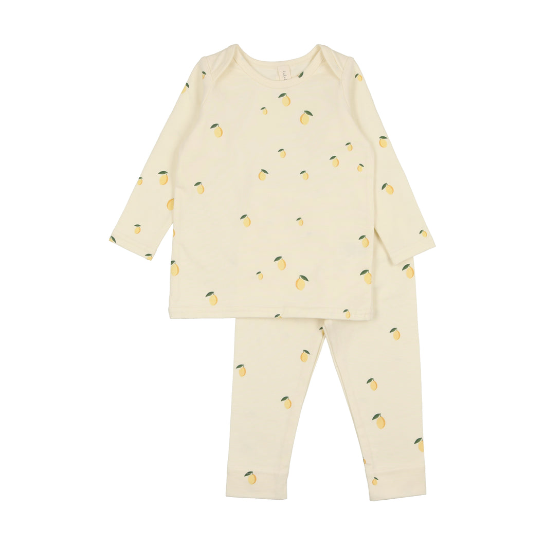 Embroidered fruit long set - Ivory/lemon