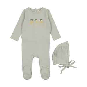 Embroidered fruit footie and hat - Mint/lemon