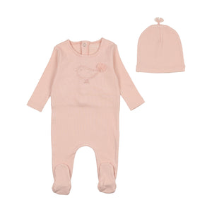 Embroidered bird footie and beanie - ballet pink