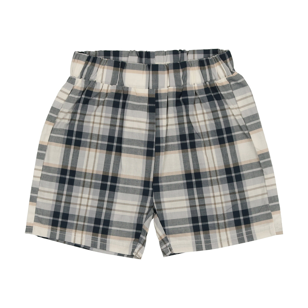 Linen pull on shorts - Navy plaid