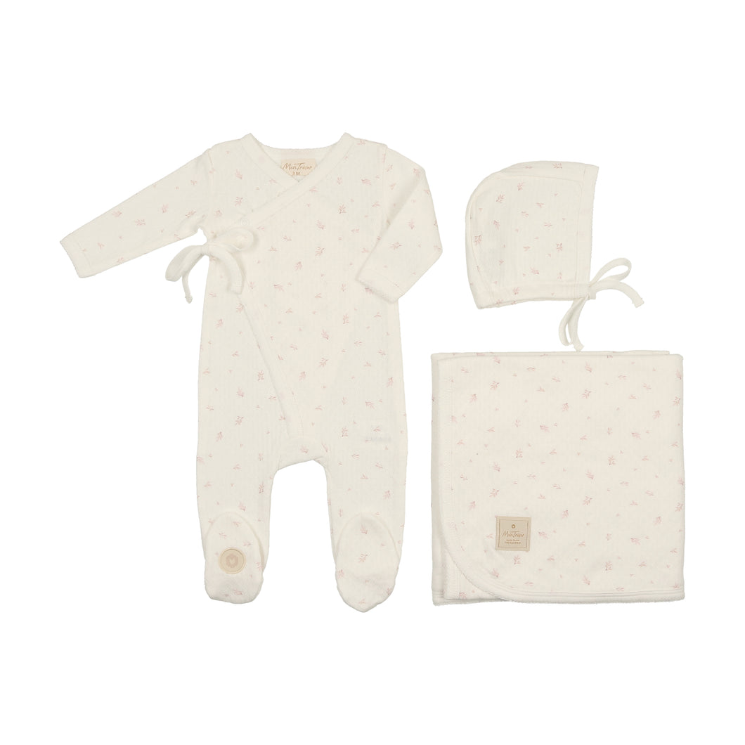 Leaf print wrap layette set - Ivory and pink