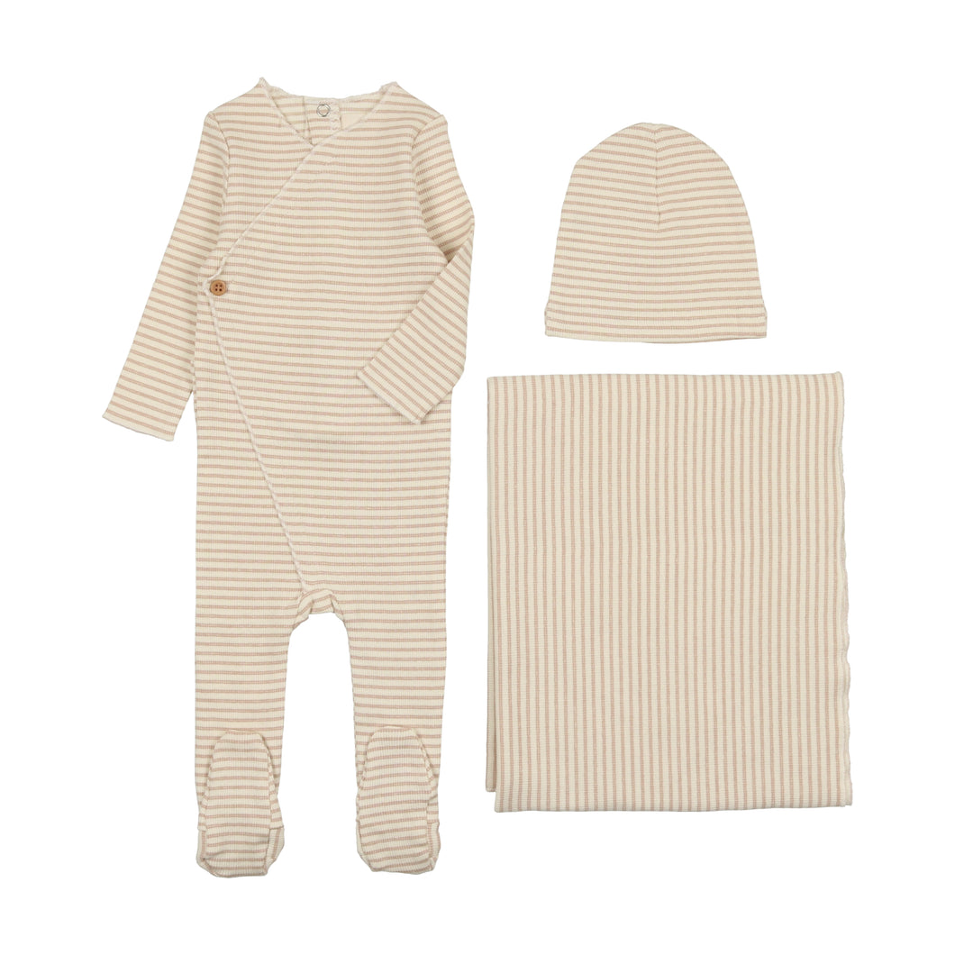 Striped side button layette set - Cream/taupe