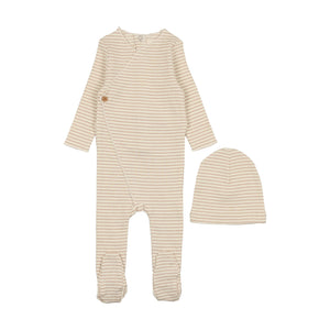 Striped side button footie and beanie - Cream/taupe