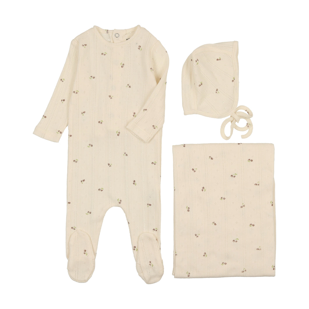 Cherry pointelle layette set - taupe cherry print