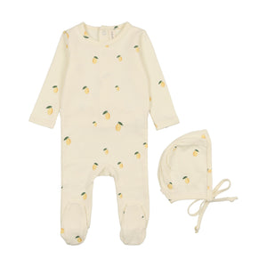 Printed fruit footie and hat - Ivory/lemon