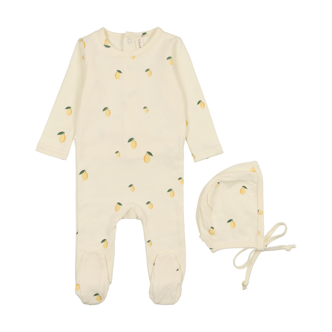 Printed fruit footie and hat - Ivory/lemon