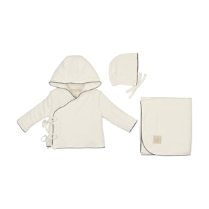 Scallop wrap jacket, hat and blanket set - Ivory and black