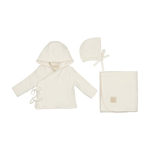 Scallop wrap jacket, hat and blanket set - Ivory and pink