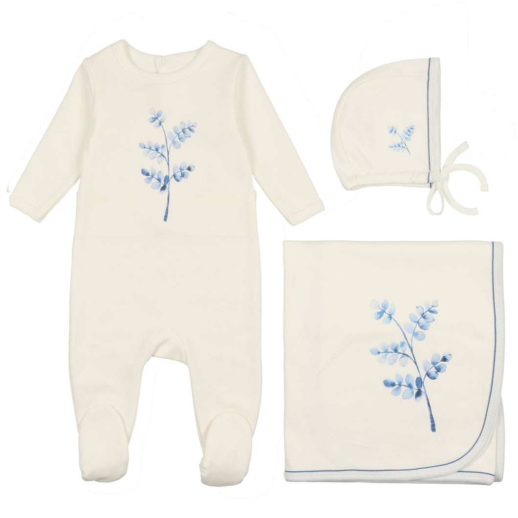 Stem stitch layette set - Ivory and blue