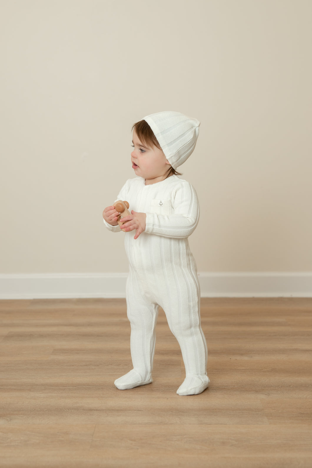 Terry striped footie and beanie - Snow white