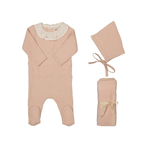 Knit embroidered dot accent layette set - Blush pink