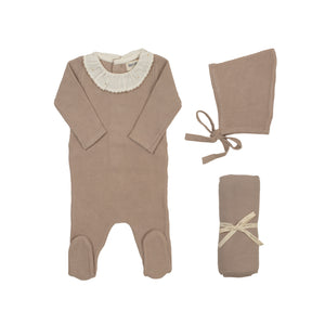 Knit embroidered dot accent layette set - Taupe