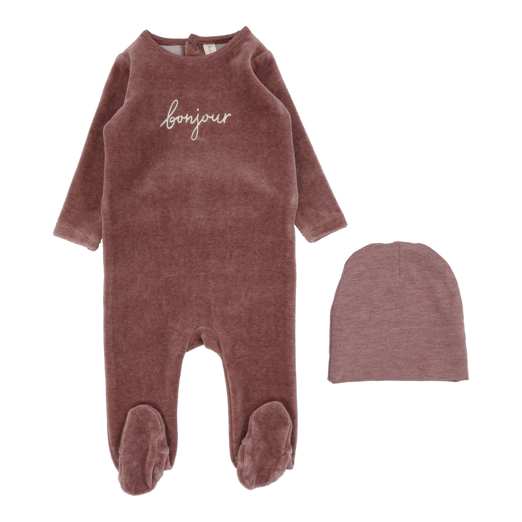 Velour bonjour footie and beanie - Heathered mulberry