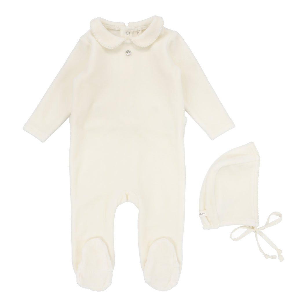 Velour collar footie and bonnet - Cream