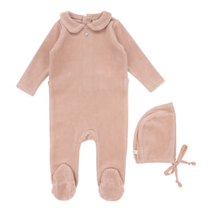 Velour collar footie and bonnet - Dusty pink