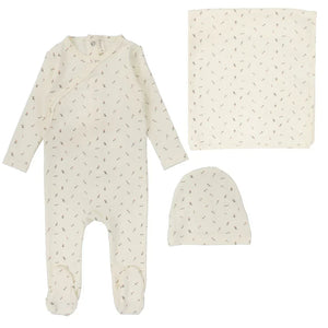 Printed wrapover layette set - scattered branch ivory