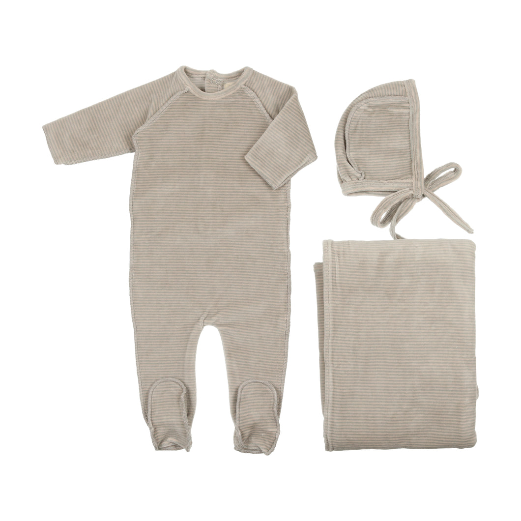 Thin striped velour layette set - Oatmeal/powder blue