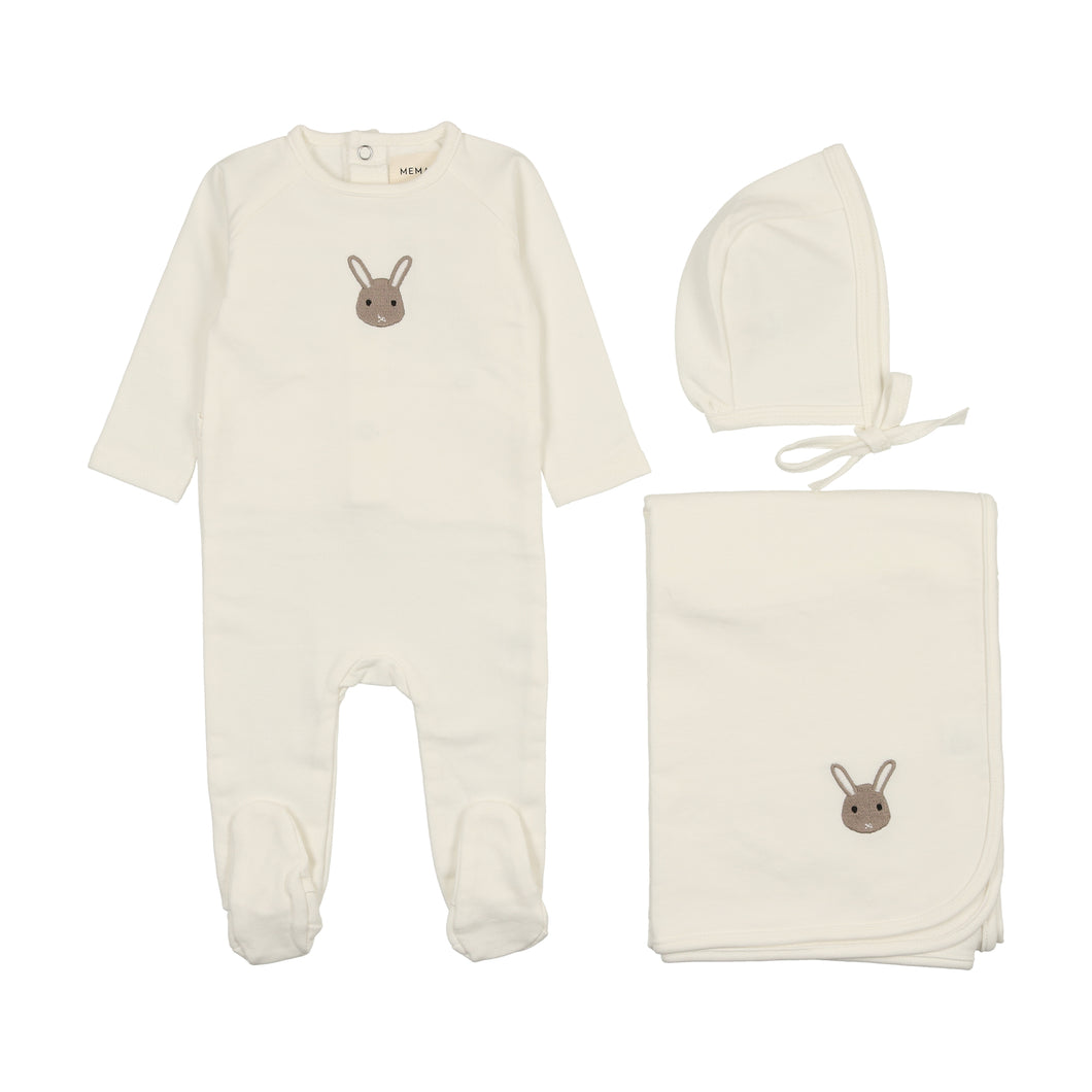 French terry embroidered animal layette set - Winter white/bunny