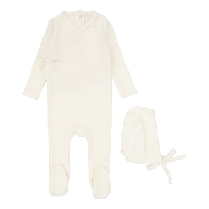 Pinpoint wrapover footie and bonnet - Cream