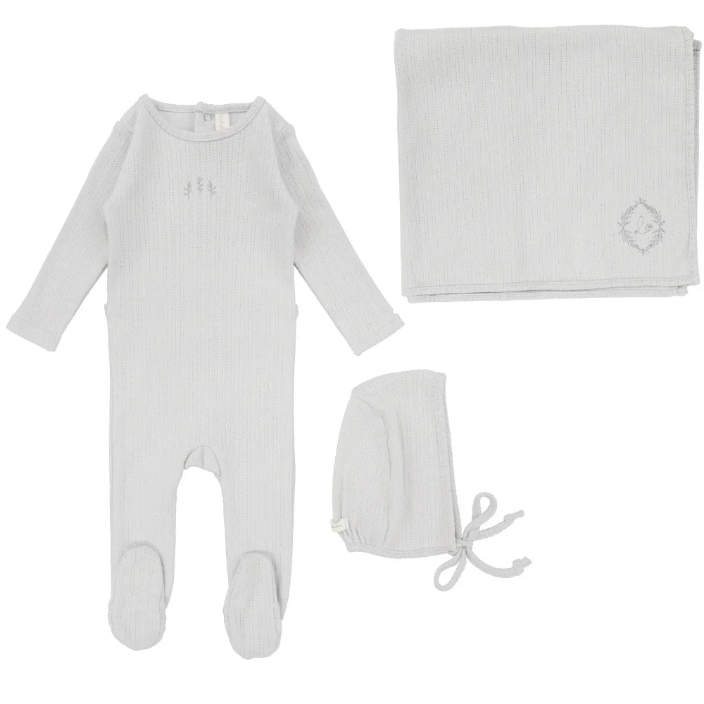 Striped pointelle layette set - powder blue