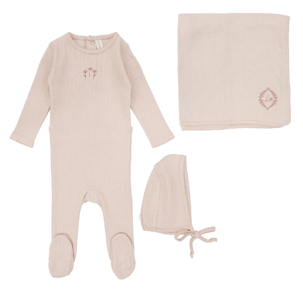 Striped pointelle layette set - peachy pink