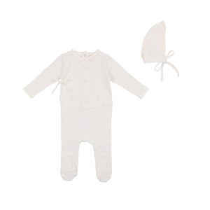 Winter white pointelle wrapover footie and bonnet